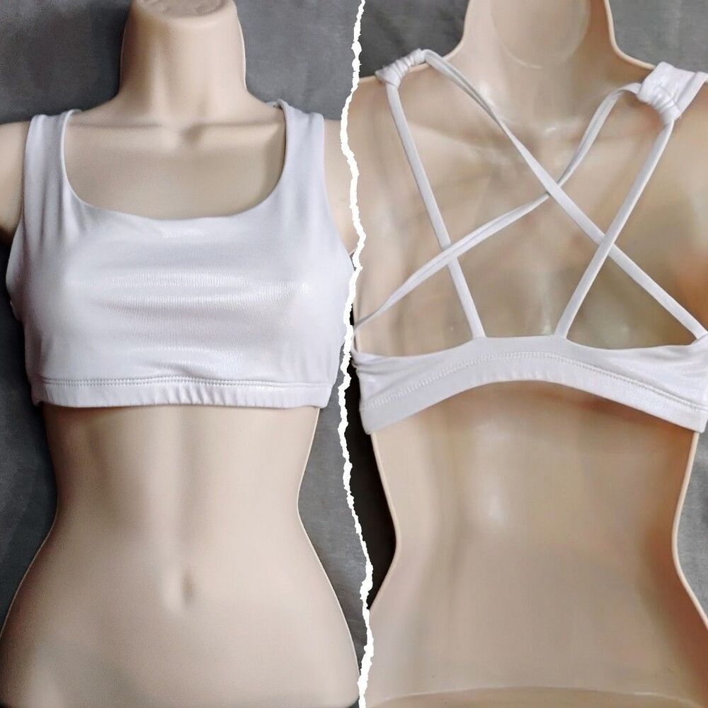 Onzie Chic Bra M/L White Shimmer Strappy Back Sports Bra Yoga Festival Sparkle